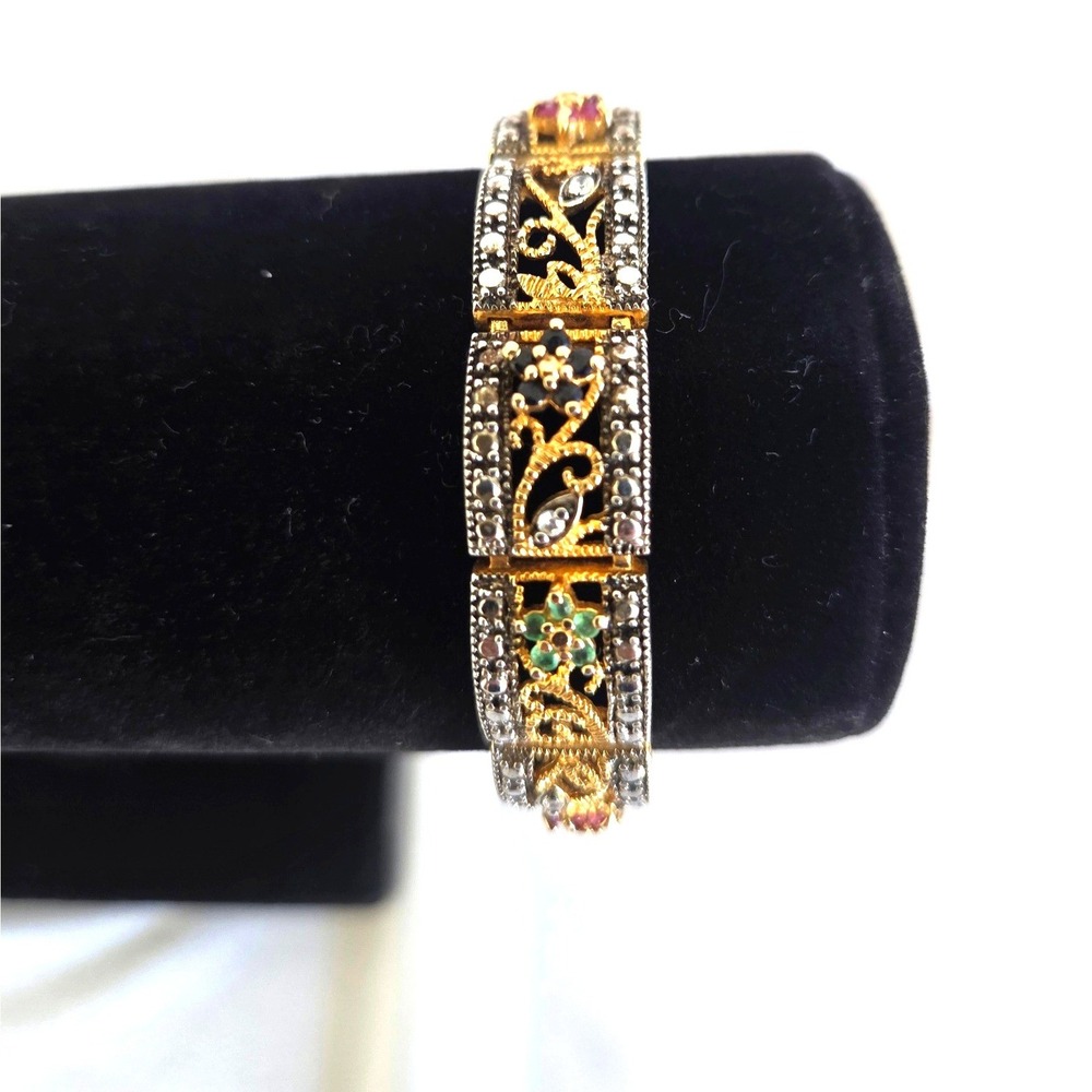 Vintage Gold plate 925 Sterling Silver Multi Gemstone Filigree Link Bracelet 7.5